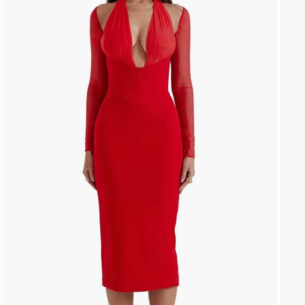 House of CB Red Plunge Neck Long Sleeve Bodycon Dress